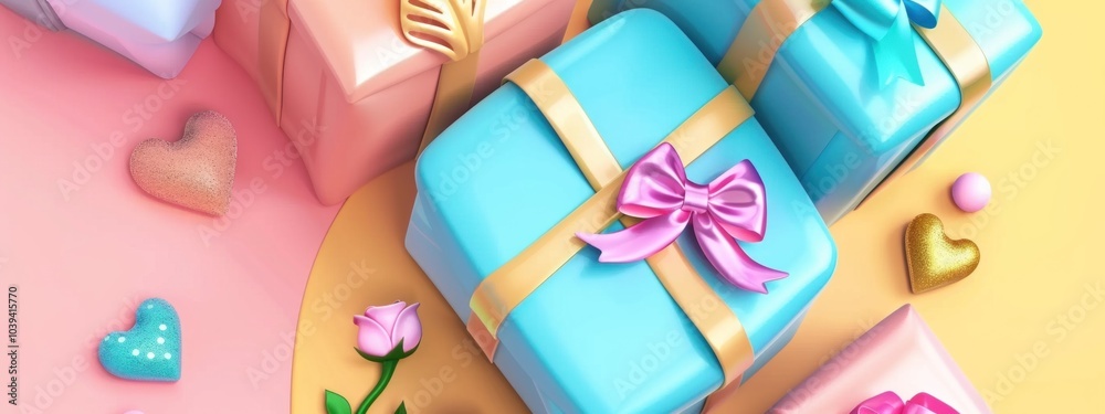 Colorful gift boxes with bows and hearts on pastel background Colorful gift boxes with bows and hearts on pastel background
