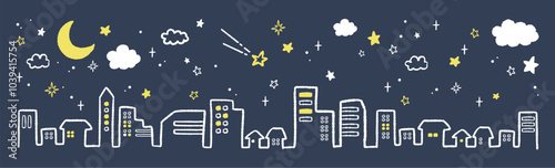 手描きの星や月とキラキラの夜空と街並みのイラスト