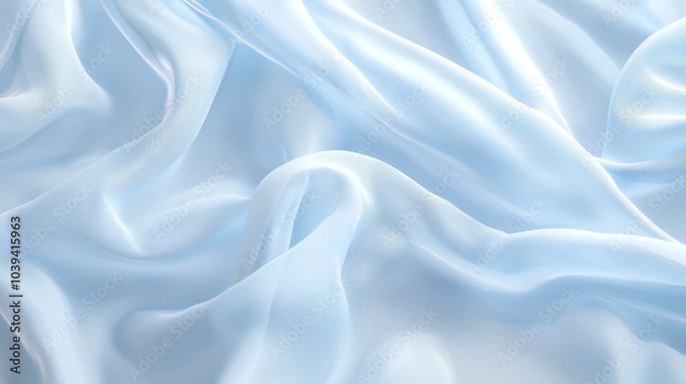 Fototapeta premium Tranquil Skincare Atmosphere with Soft Blue Chiffon Backdrop under Cinematic Light | Luxury Beauty Mockup Photo