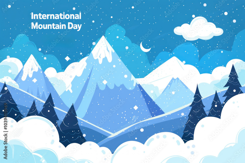 Illustrated winter mountain scene with snow and pine trees for International Mountain Day Illustrated winter mountain scene with snow and pine trees for International Mountain Day