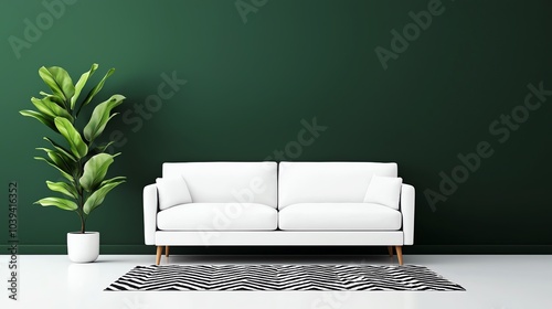 Compact minimalist living room with a small white sofa, geometric area rug, and simple wall art, spacesaving and functional, minimalist small living room, efficient design photo