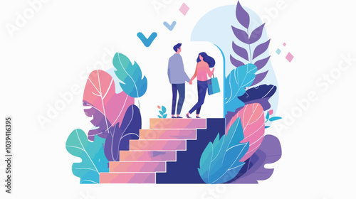 Business mentor helps to improve career and holding stairs steps vector illustration, flat vector illustration, Mentorship