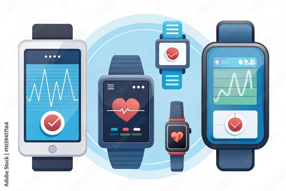 A collection of smart watches and a cell phone A collection of smart watches and a cell phone