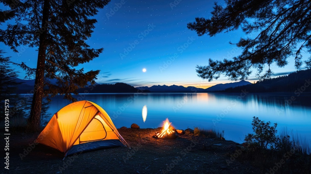 Campsite with a glowing tent by the serene lake at dusk with mountains in the background. Campsite with a glowing tent by the serene lake at dusk with mountains in the background.