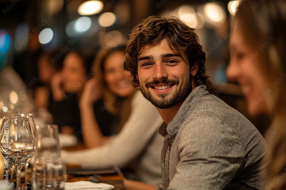 Young man with friends at restaurant, Generative AI Young man with friends at restaurant, Generative AI