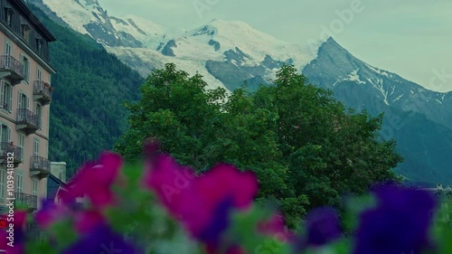  Resort Chamonix-Mont-Blanc in France in the evening at summer. All-season resort. Chamonix