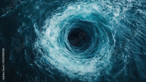 A dramatic and captivating image showcasing a powerful whirlpool formation in the middle of the vast open ocean  The swirling photo