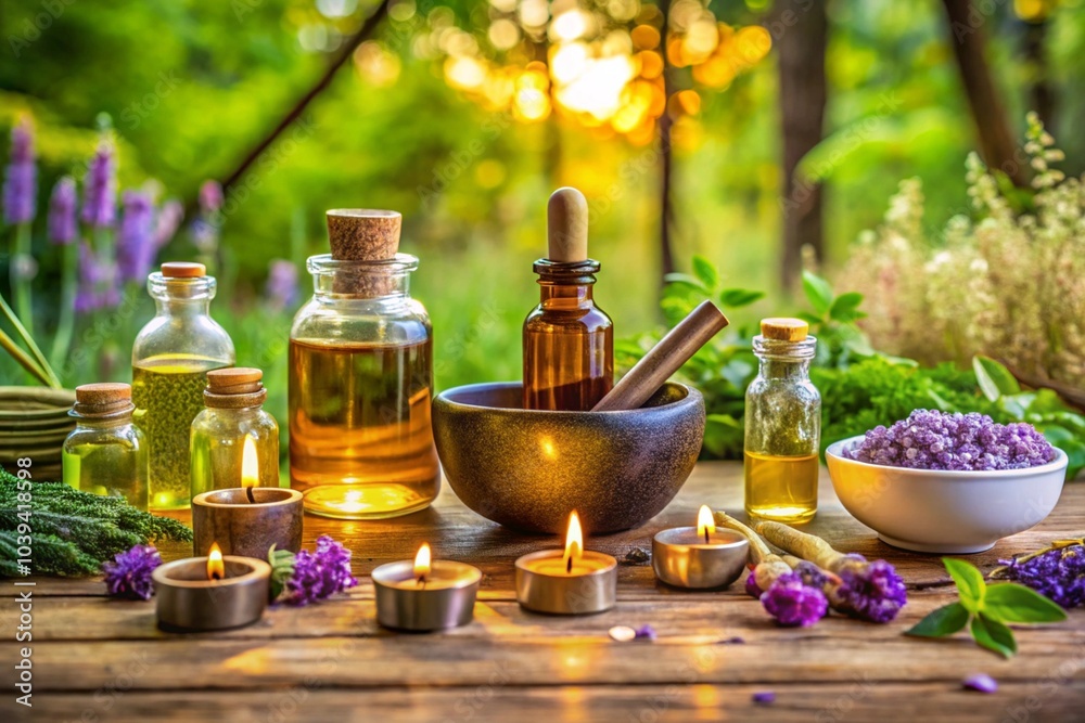 A table is set with various oils, candles, and herbs A table is set with various oils, candles, and herbs