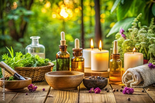 A table is set with various oils, candles, and herbs