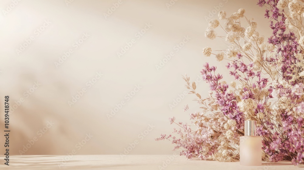 Elegance in Bloom: Luxury Dried Flower Backdrop Mockup for Skincare Products with Cinematic Lighting Elegance in Bloom: Luxury Dried Flower Backdrop Mockup for Skincare Products with Cinematic Lighting