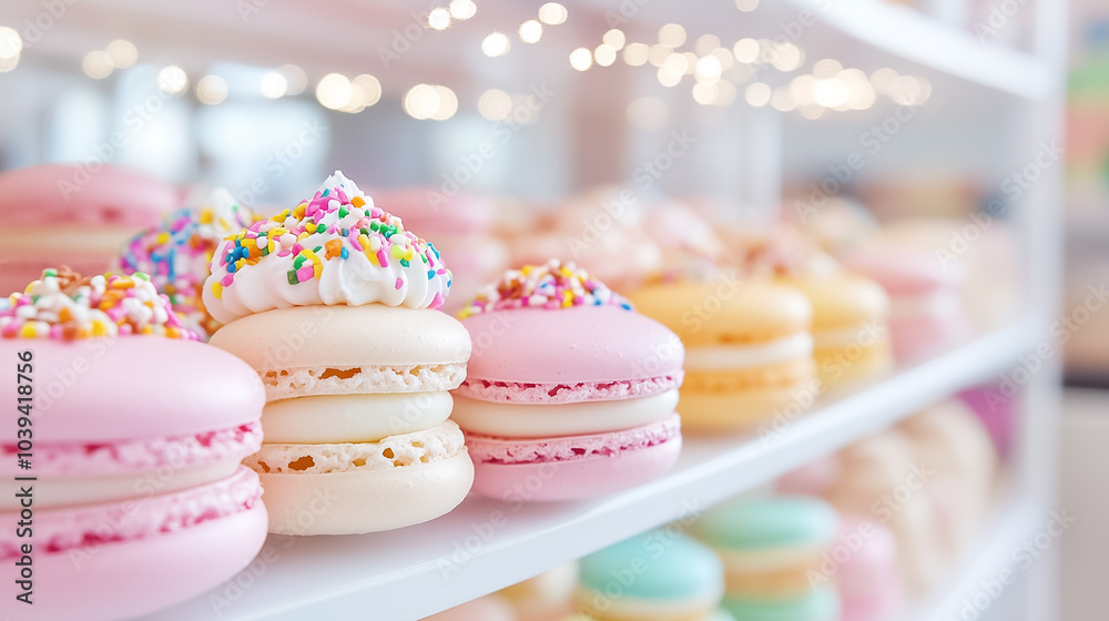A delightful array of colorful macarons sits in rows, enticing sweet lovers with their vibrant designs and flavors A delightful array of colorful macarons sits in rows, enticing sweet lovers with their vibrant designs and flavors
