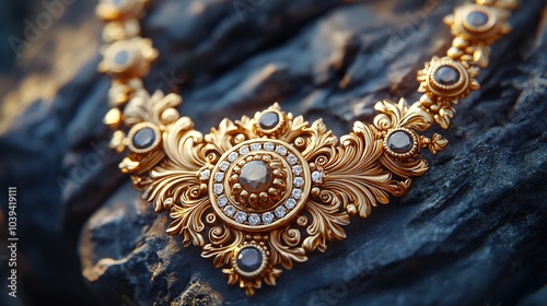 Gold heirloom necklace with ornate patterns and baroque detailing resting on a minimalistic stone background capturing the elegance of historical gold craftsmanship