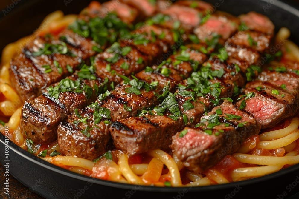 pasta linguine with meat, top view pasta linguine with meat, top view