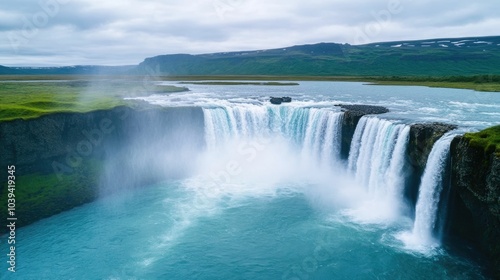 Breathtaking image of a powerful waterfall crashing into a pool below generating misty sprays and radiant rainbows