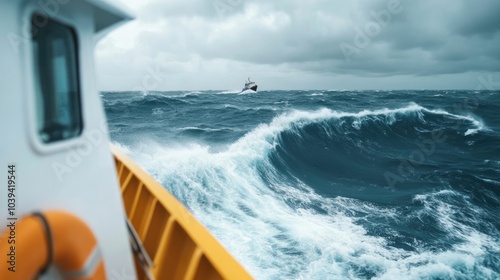 Dramatic image of a small boat sailing through rough churning ocean waves during a powerful storm battling against the intense currents and forces of nature as it navigates the treacherous waters