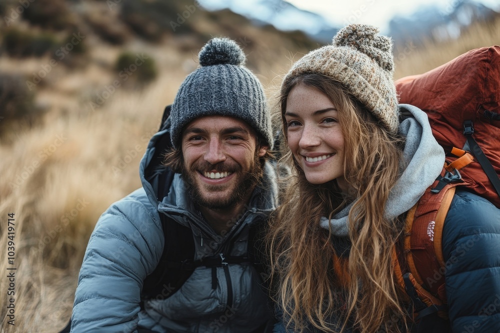 Happy young couple camping in nature, Generative AI Happy young couple camping in nature, Generative AI
