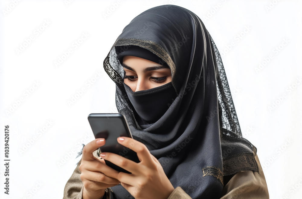 Saudi Woman in Abaya Using Mobile Phone on White Background
