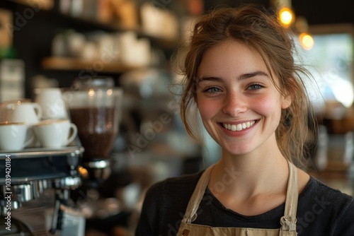 Coffee shop worker smiling to camera, Generative AI