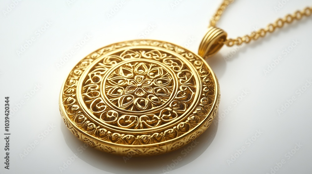 Golden artifact from ancient times with ornate patterns and classic pendant design elegantly displayed on a minimalistic white surface highlighting its timeless allure Golden artifact from ancient times with ornate patterns and classic pendant design elegantly displayed on a minimalistic white surface highlighting its timeless allure