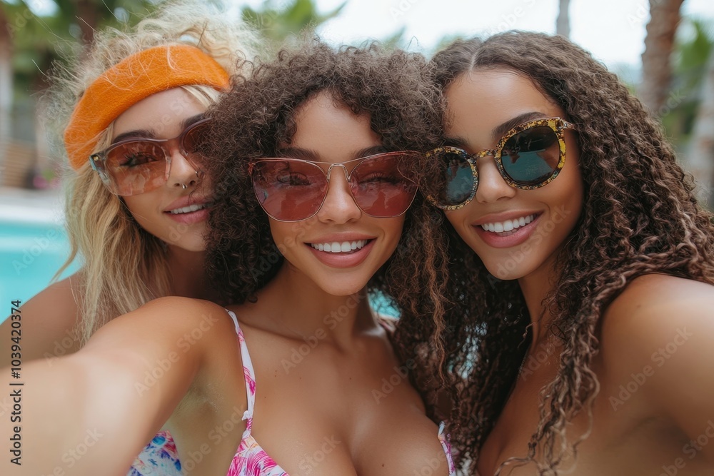 Woman taking selfie with friends at pool party, Generative AI Woman taking selfie with friends at pool party, Generative AI
