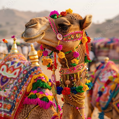 Camel Decorated with Traditional Diwali Ornaments in a Desert Festival Setting photo