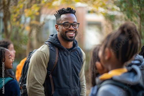 Happy teacher having a pep talk with his students outside, Generative AI