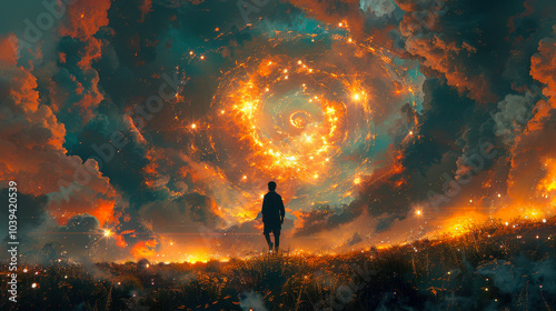 Boy Walking on Magic Circles in Air, Digital Fantasy Art of Future Dreamscape, Child Strolling Among Glowing Sacred Symbols at Twilight, Enigmatic and Mystical World