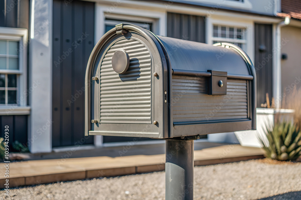 A residential Metal Mailbox standing outdoors in a residential area. A residential Metal Mailbox standing outdoors in a residential area.
