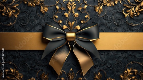 A black bow with a golden ribbon on a black and gold patterned background. photo