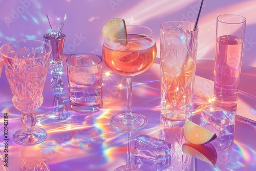 A variety of elegant cocktail glasses with colorful drinks and reflections, set on a vibrant, shimmering surface for festive occasions.