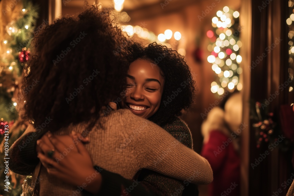 Two friends hug warmly in a festive setting, surrounded by glowing Christmas decorations and cozy holiday ambiance. Two friends hug warmly in a festive setting, surrounded by glowing Christmas decorations and cozy holiday ambiance.