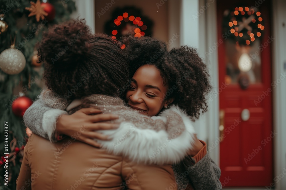 Two people embrace warmly in front of a decorated home during Christmas, showcasing joy and holiday spirit. Two people embrace warmly in front of a decorated home during Christmas, showcasing joy and holiday spirit.