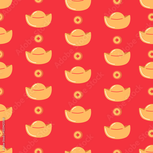 Traditional Chinese coins and Yuanbao on red background. Decoration elements for Chinese New Year. Symbol of wealth and prosperity.