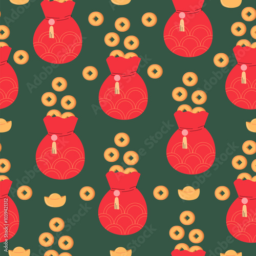 Yuan Coins in the red money bag. Seamless pattern for Chinese New Year. Symbol of wealth and prosperity. Chinese coin with a square hole and Yuanbao on green background.