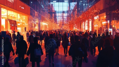 A bustling crowd walks down a city street at night, illuminated by warm, inviting lights from nearby shops and buildings.