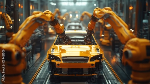 An assembly line with robotic arms working on a yellow car.