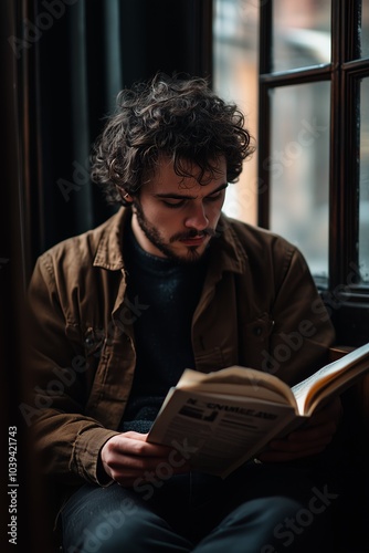  A thoughtful young man with glasses intensely reads a book in a cozy cafe, concentrating on its contents.