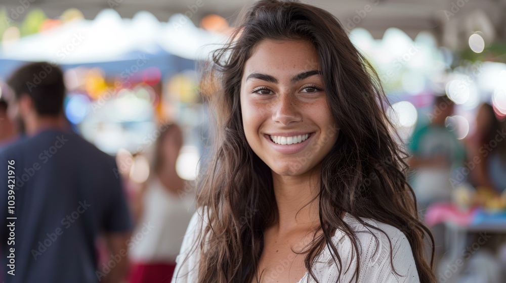 A woman with long brown hair smiles brightly. AI. A woman with long brown hair smiles brightly. AI.