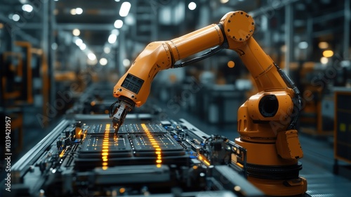 An orange robotic arm working on a production line in a factory.