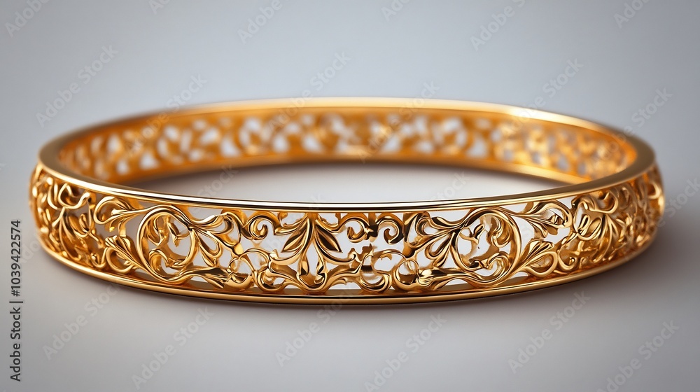 Handcrafted gold bangle with delicate filigree patterns displayed on a plain minimalistic backdrop showcasing the artistry and intricacy of the design Handcrafted gold bangle with delicate filigree patterns displayed on a plain minimalistic backdrop showcasing the artistry and intricacy of the design