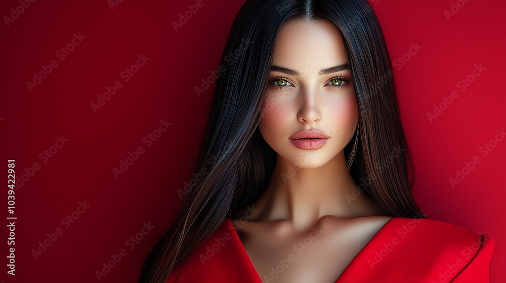 Portrait of a sophisticated woman in a striking red outfit, set against a rich red background, exuding confidence and style. Portrait of a sophisticated woman in a striking red outfit, set against a rich red background, exuding confidence and style.