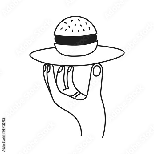 Human Hand Holding Plate with Hamburger. Line finger gesture with Burger. Fast food service symbol for restaurant menu delivery. Vector illustration