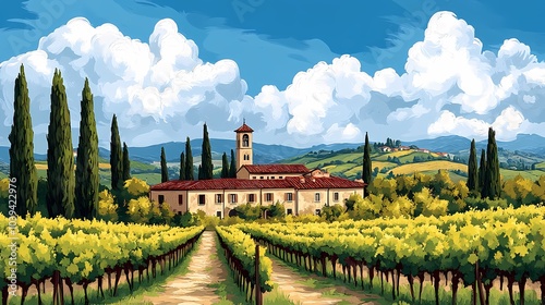 Panoramic Serene Tuscan Vineyard Landscape with Villa, Cypress Trees, and Distant Hills photo