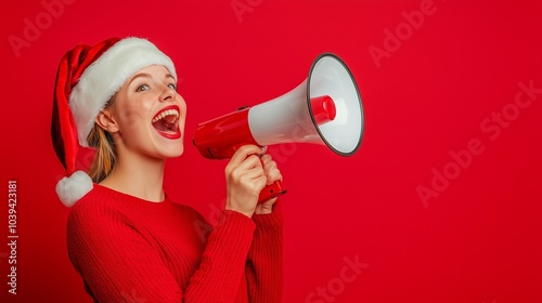 Festive woman in Santa hat energetically shouting through a red megaphone on a bright red background, spreading Christmas cheer.