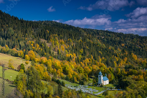 Golden Autumn Landscape in the Countryside Beneath the Majestic Tatra Mountains