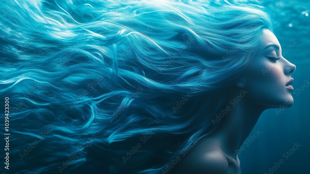 A tranquil woman immerses herself in vibrant blue water, embodying peace and harmony amidst the swirling ocean waves. A tranquil woman immerses herself in vibrant blue water, embodying peace and harmony amidst the swirling ocean waves.