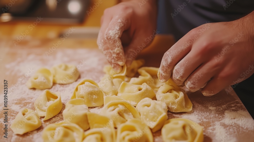 Close-up of hands shaping fresh tortellini pasta on a flour-dusted wooden surface, showcasing authentic homemade Italian cooking. Close-up of hands shaping fresh tortellini pasta on a flour-dusted wooden surface, showcasing authentic homemade Italian cooking.