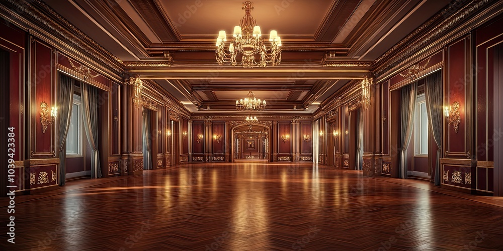 Fototapeta premium luxury scarlet hotel ballroom with wooden intricate royal carving wall and elegant wooden floor 