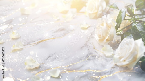 Elegant Marble Countertop with White Roses and Silk Fabric for Luxury Skincare Product Showcase under Cinematic Light