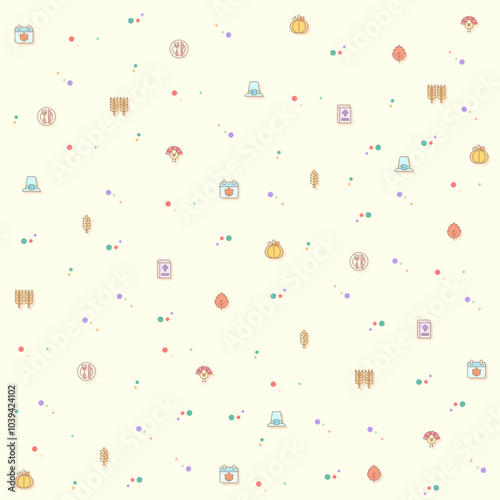 Vector illustration of a cute Thanksgiving. Collection of autumn, food, drink, celebration, Pilgrims, decorations, farming, gifts, nature, produce and other elements. Isolated on beige.